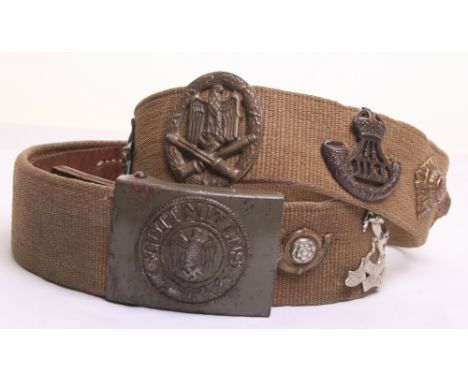 German Afrika Korps (D.A.K) Belt & Buckle Decorated with Souvenirs, being a standard other ranks tropical belt and buckle tha