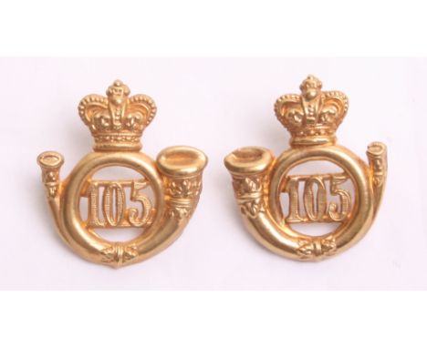 Pair of Officers 105th Madras Light Infantry Collar Badges, in gilt metal with two lug fittings on the reverse of each badge.