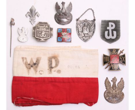 Collection of Polish Home Army Badges and Insignia, including breast badge with anchor emblem set on bricks shield. Screw bac