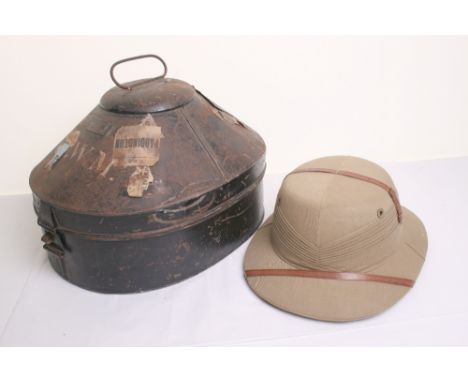 British Officers Solar Topee Sun Helmet, of khaki cloth covered body with sixteen fold cloth pagri. Thin brown leather straps