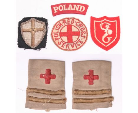 WW2 Polish Red Cross Service Insignia, consisting of round embroidered patch of the Polish Red Cross Service, printed POLAND 