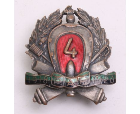Pre War 4th Light Artillery Regiment Breast Badge, white metal and enamel breast badge with central horse shoe having a numbe