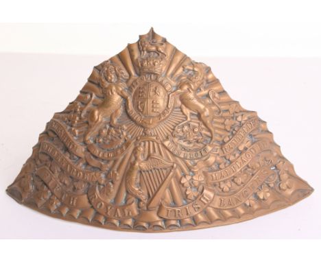 Victorian 5th Royal Irish Lancers Helmet Plate, being an other ranks brass example with Royal arms, battle honours, winged ha