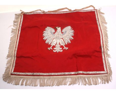 Post WW2 Polish Army Trumpet Banner, red banner with heavy silver bullion embroidered Polish eagle to the centre. Reverse is 