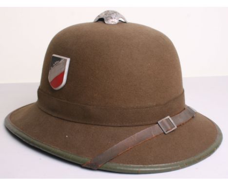 WW2 German Afrika Korps Pith Helmet being a standard 2nd pattern example of olive felt with metal decals to the side. Felt is