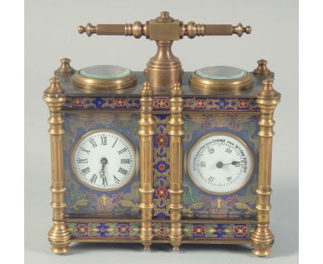 A GOOD SMALL BRASS AND CLOISONNE ENAMEL CLOCK AND BAROMETER COMBINED with columns and supports and carrying handle.