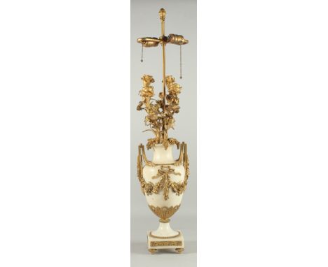 A GOOD LOUIS XVITH STYLE WHITE MARBLE AND ORMLU LAMP with four floral branches. 33ins high.