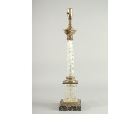 A CORINTHIAN  COLUMN GLASS AND ORMOLU LAMP on a marble base. 25ins high.