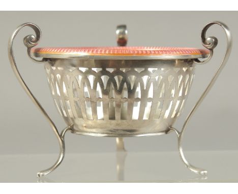 A GOOD RUSSIAN SILVER AND PINK ENAMEL BOWL inset with a medallion  on three curving legs. 3.5ins diameter. Bears Faberge mark