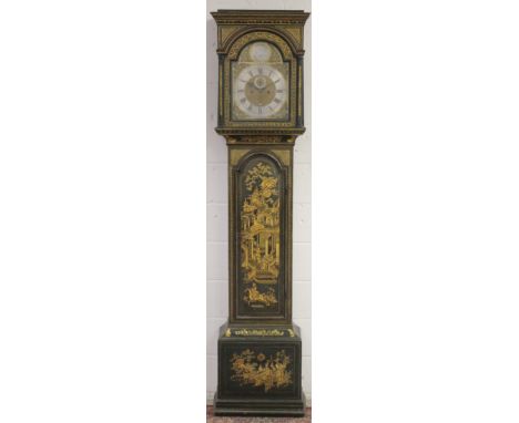 A GOOD EARLY 18TH CENTURY GREEN LACQUER LONGCASE CLOCK by JOHN ROWE with 8 day numerals, side chapter ring, in a Chinese deco