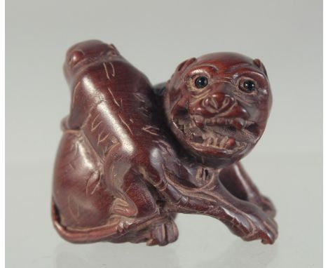 A LARGE CARVED WOOD DOG OF FO NETSUKE.
