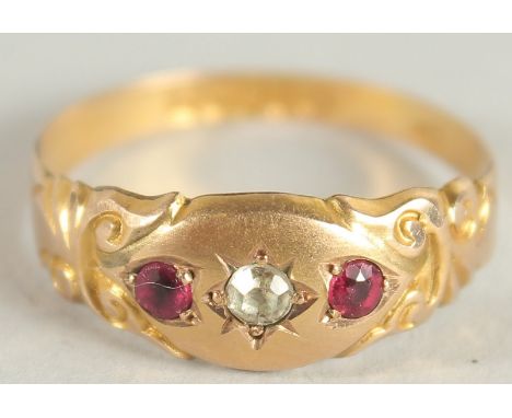 A VICTORIAN 18CT YELLOW GOLD, RUBY AND DIAMOND RING.