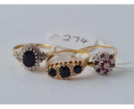 Two sapphire &amp; diamond 9ct rings and a 9ct ruby &amp; diamond ring 5.7g inc