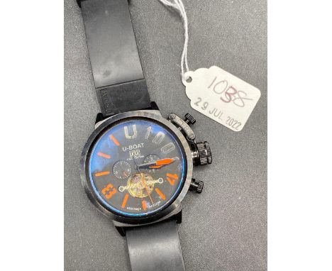 A U BOAT BLACK FACED LIMITED ADDITION WRIST WATCH WITH TWO DIALS SECONDS SWEEP AND DATE APERTURE