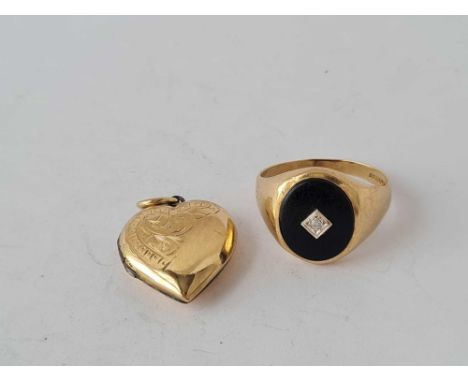 An onyx and diamond set gents 9ct signet ring and a 9ct back &amp; front locket