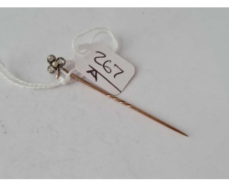 An early old cut&nbsp;diamond and pearl trefoil stick pin set in high carat gold