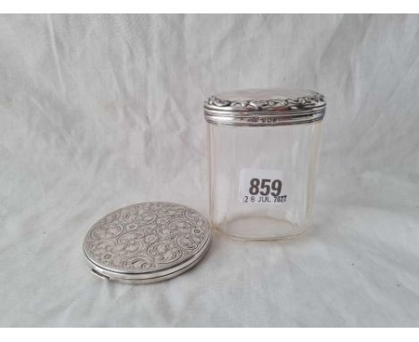 A foreign silver compact with fitted interior and silver top jar – Birmingham 1910