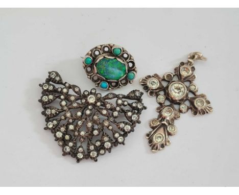 A opal and silver brooch and two paste jewellery items 