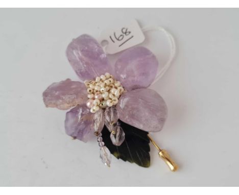 A large amethyst jade and seed pearl bead brooch/pin etc.