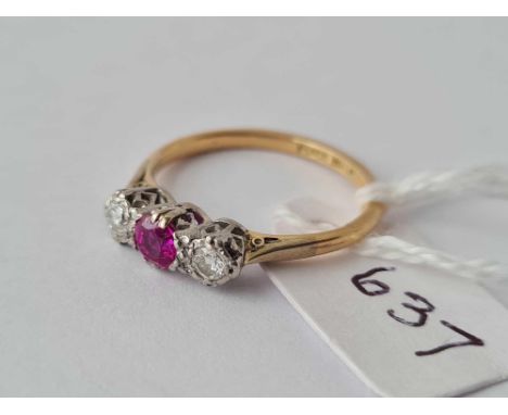 67.   Antique Edwardian diamond and ruby 3/s ring, in platinum &amp; 18ct marked in shank, size  N