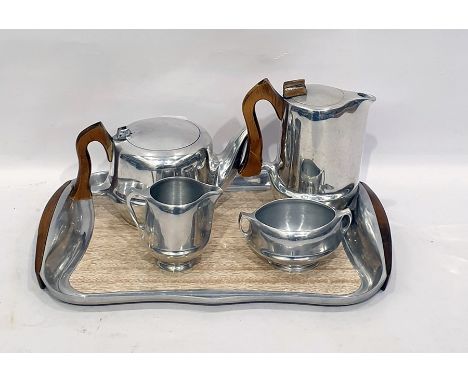 Picquot ware five piece tea service to include teapot, hot water pot, sugar bowl, milk jug and tray