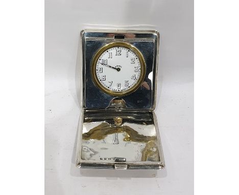 Silver-mounted travelling clock, the Swiss clock with eight-day movement and enamel dial, in silver case by William Neale & S