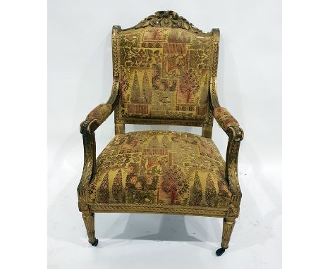 19th century gilt gesso open armchair, having foliate and ribbon pediment, raised guilloche ornament to the scroll arms, padd