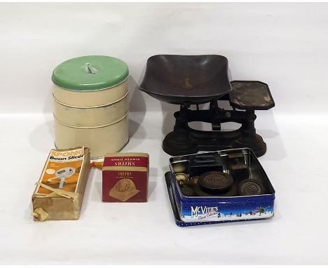 Set of scales, a Spong bean slicer, a sectional tin, etc 