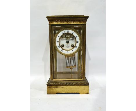 Victorian gilt brass and bevelled glass cased mantel clock, with enamel dial, roman numerals, anchor escapement, mercury fill