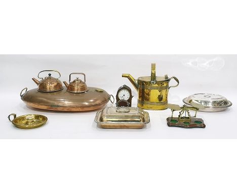 Loveridge & Co copper teapot with brass handle, another similar, a brass watering can, a mantel clock with quartz movement, a