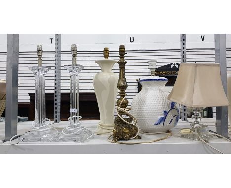 Pair of acrylic square column table lamps, a brass rococo style table lamp, a small glass and chrome stepped table lamp with 