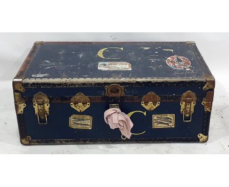 Vintage metal travelling trunk with Cunard labels 