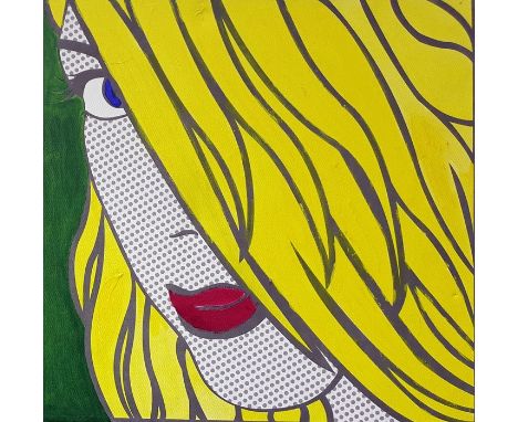 Pop Art school Oil on canvas Portrait of a blonde, 40cm square (unframed) Stylised study of a female face, unframed (2) 