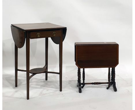 19th century mahogany and satinwood banded drop-leaf table with single drawer with brass drop ring handles, on square section