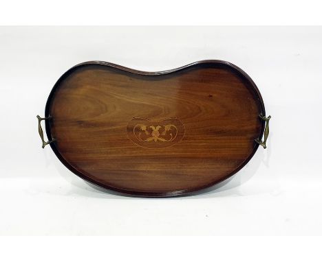 19th century kidney-shaped mahogany and inlaid tray with brass handles, and two brass button polishing guards, one stamped Ha