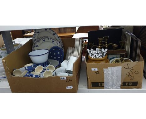 'Hotesse' ceramics, dinner plates, side plates, serving plates, blue and white spot coffee cups, white ceramic mugs, assorted