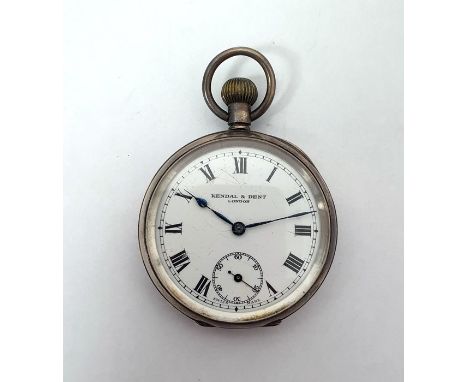 Kendal & Dent silver pocket watch, button winding with subsidiary seconds dial 