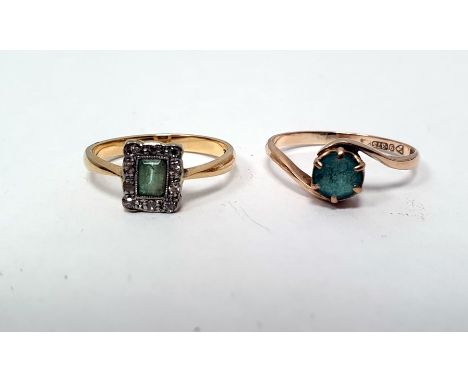 18ct gold, green stone and diamond dress ring set central rectangular green stone surrounded by old cut diamonds, 9ct gold ri