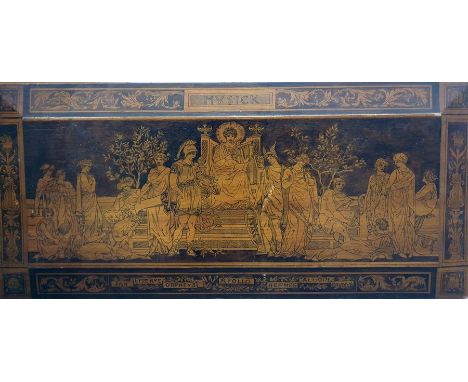 Early 20th century stained wood and penwork panel entitled 'Musick' (sis) and featuring Greek gods, Apollo, Orpheus, Hermes, 