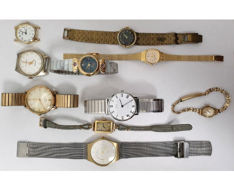 Assorted lady's and gentleman's wristwatches including a lady's 18ct gold strap watch with rectangular case and engine-turned