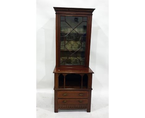 Edwardian mahogany display cabinet, the astragal glazed door enclosing three shelves, with a further open shelf below and two