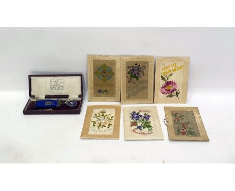 Masonic silver and enamel Primo medal in case and six French WWI embroidered postcards