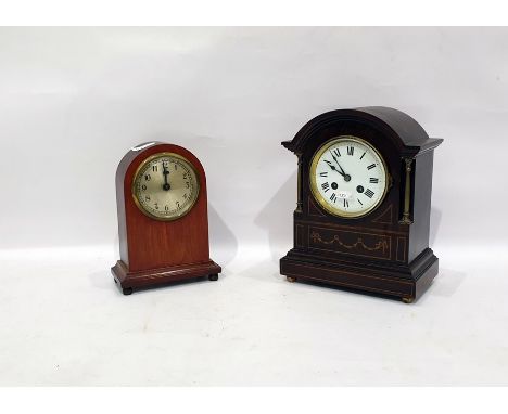 Edwardian rosewood and satinwood inlaid mantel clock with domed top, enamelled dial, roman numerals and a striking movement, 