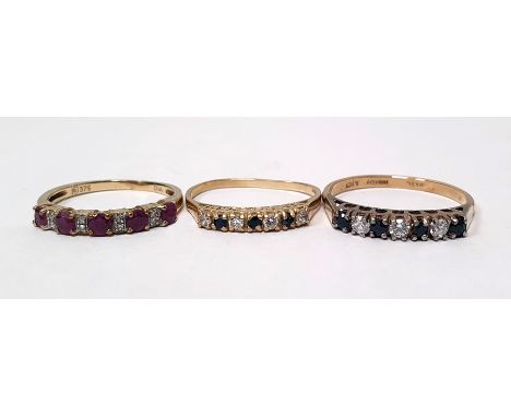 Diamond and ruby half-eternity ring marked '375', a 9ct gold, sapphire and diamond half-eternity ring and one other ring (3) 