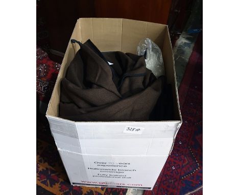 Large quantity of remnant materials, knitting wool and a brown wool cloak with black frogging 