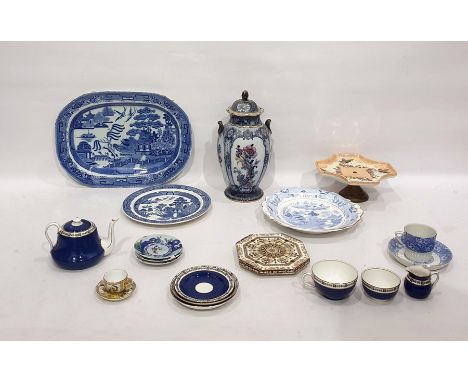 Quantity of ceramics to include Willow pattern pottery meat dish, Victorian teapot stand, set of three Spode 'New Stone' dish