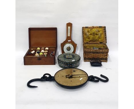 Three boxes of sewing related items, a modern barometer and a set of Salters meat scales 