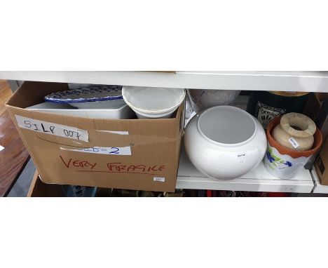 Ceramic bread crock with wooden lid, a large jug, vases, assorted ceramics, etc (1 box and 5 items) 