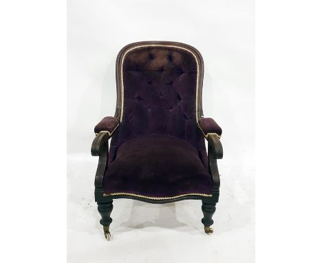 Early Victorian salon chair with mahogany frame and plum coloured button-back upholstery, serpentine-front to turned front le