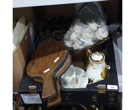Pair of wooden bellows, a Wedgwood 'Barlaston' Peter Rabbit plate, mug and cream jug, a quantity of ceramic white doorknobs, 